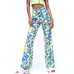 Zara Mod Print Linen Blend Flared Pants